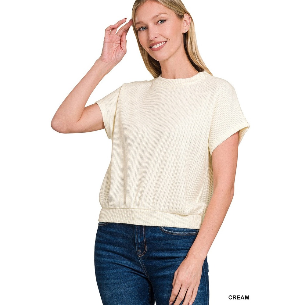 295-L Zenana Waffle Knit Sweater Top Women Cream Short Sleeve Relaxed
